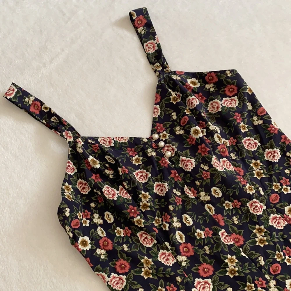 {NWT/VTG} Lingerie Cacique | Dark Floral Satin Pajama Sleep Romper Blue (S) - Picture 2 of 16